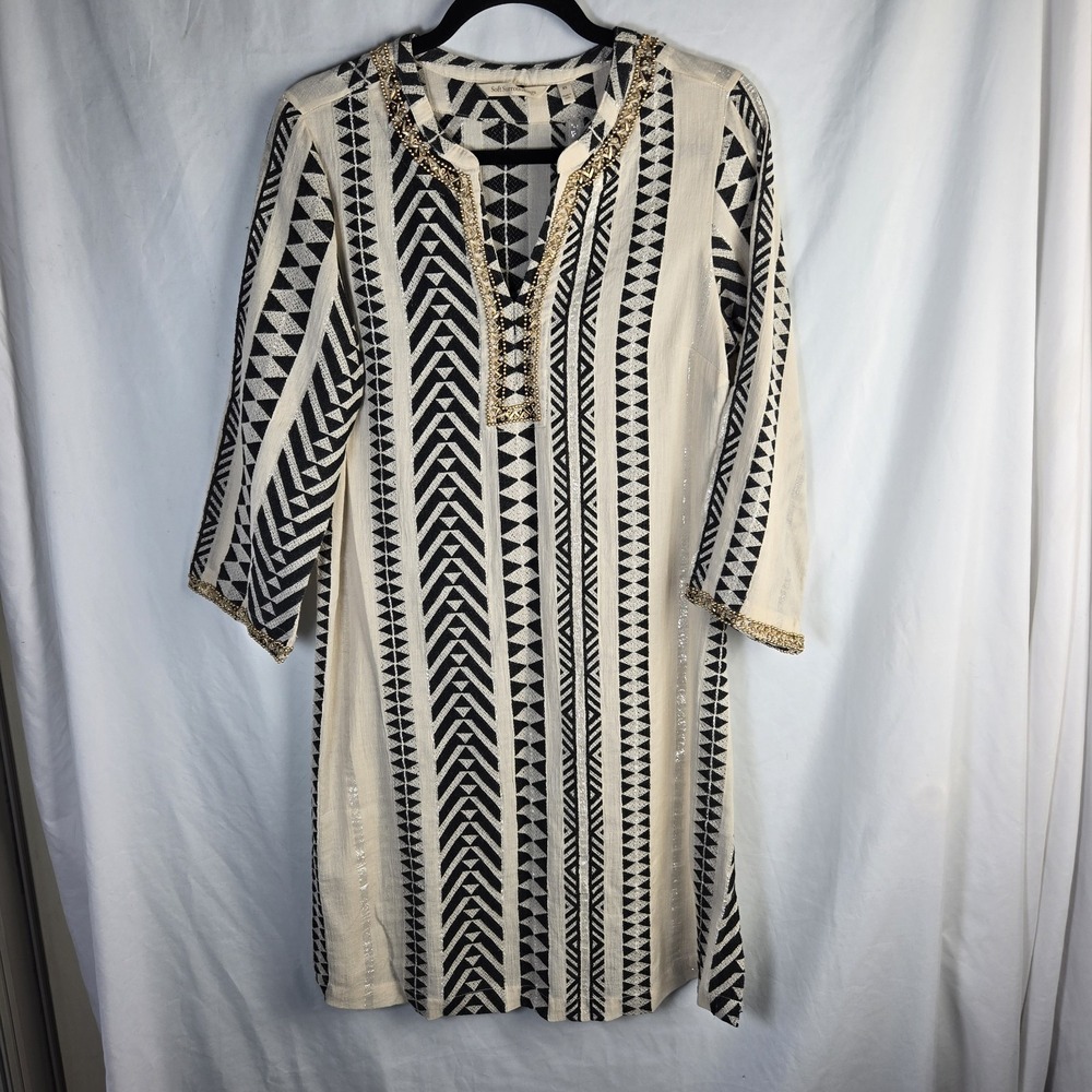 Soft Surroundings Geometric Embroidered Beaded Tunic Blouse XS Metallic Thread